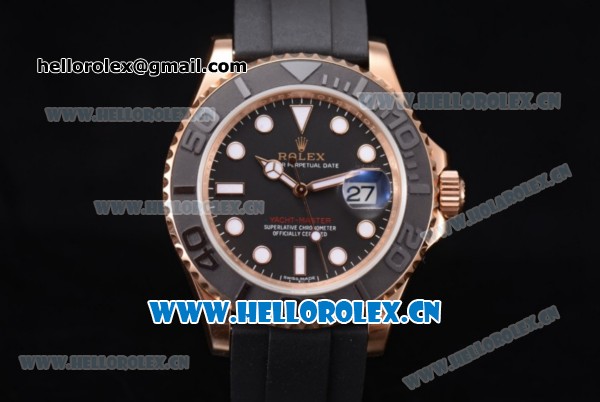 Rolex Yachtmaster 40 Swiss ETA 2836 Automatic Rose Gold Case with Black Dial and Black Rubber Strap Dot Markers - 1:1 Original (JF) - Click Image to Close